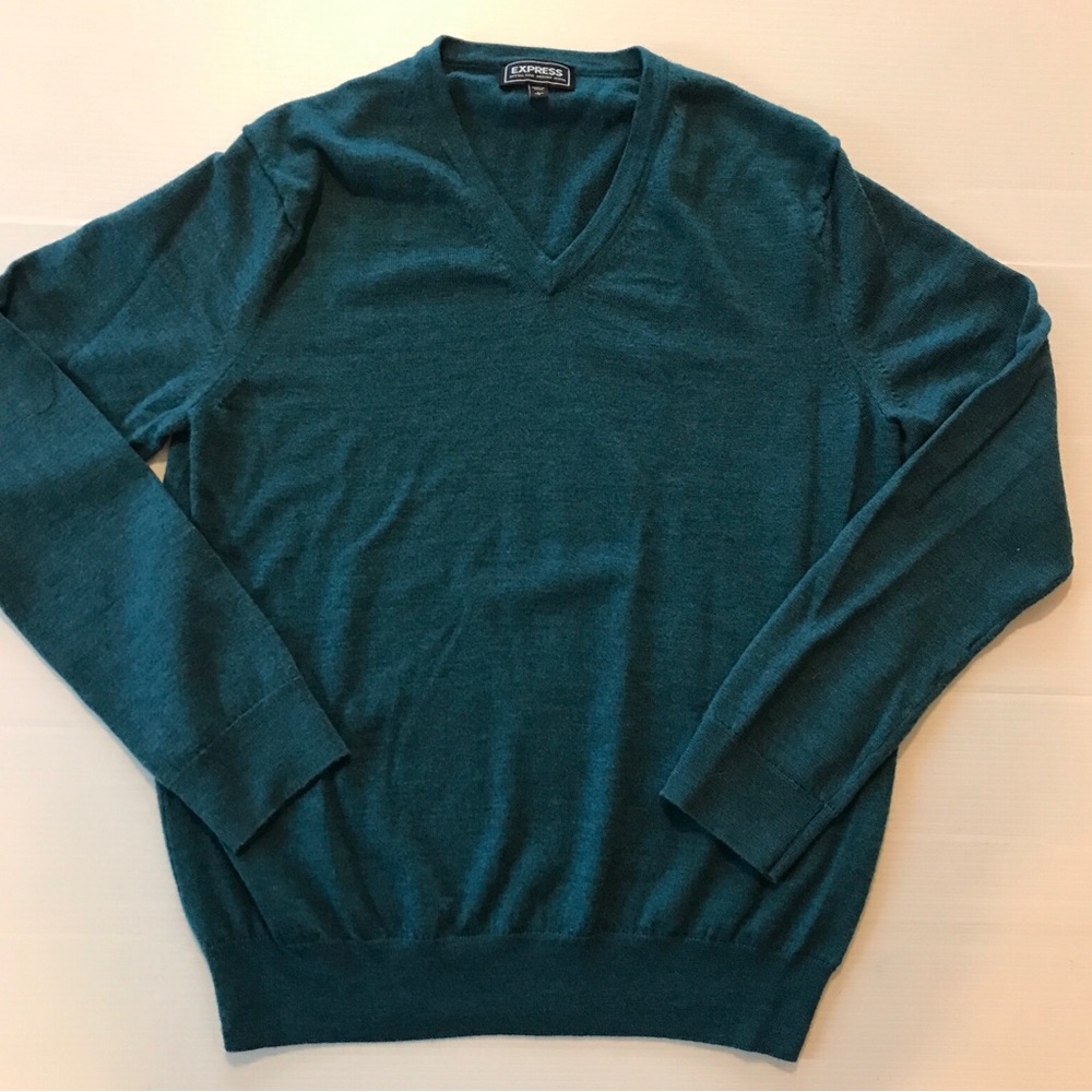 EXPRESS Men's Sweater Size M Teal Color 100% Extra Fine Merino Wool V-Neck Warm